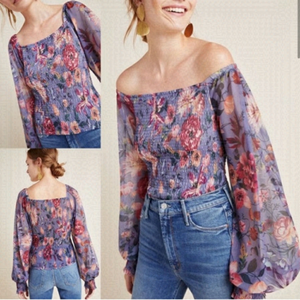 [xs] Anthropologie Rouen Top Periwinkle Purple Sheer Spring Floral Long Sleeve